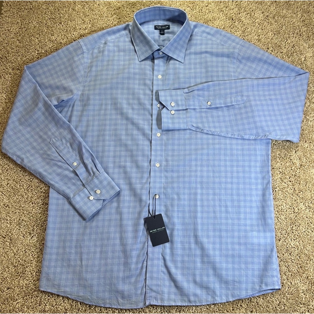 NWT Peter Millar Mens XL Tahoe Blue Pitney Cotton Sport Crown Crafted Button Up